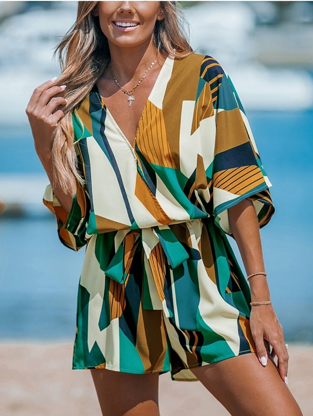 Cupshe Geometric Print V-Neck Romper, Size Xl - Picture 1 of 4